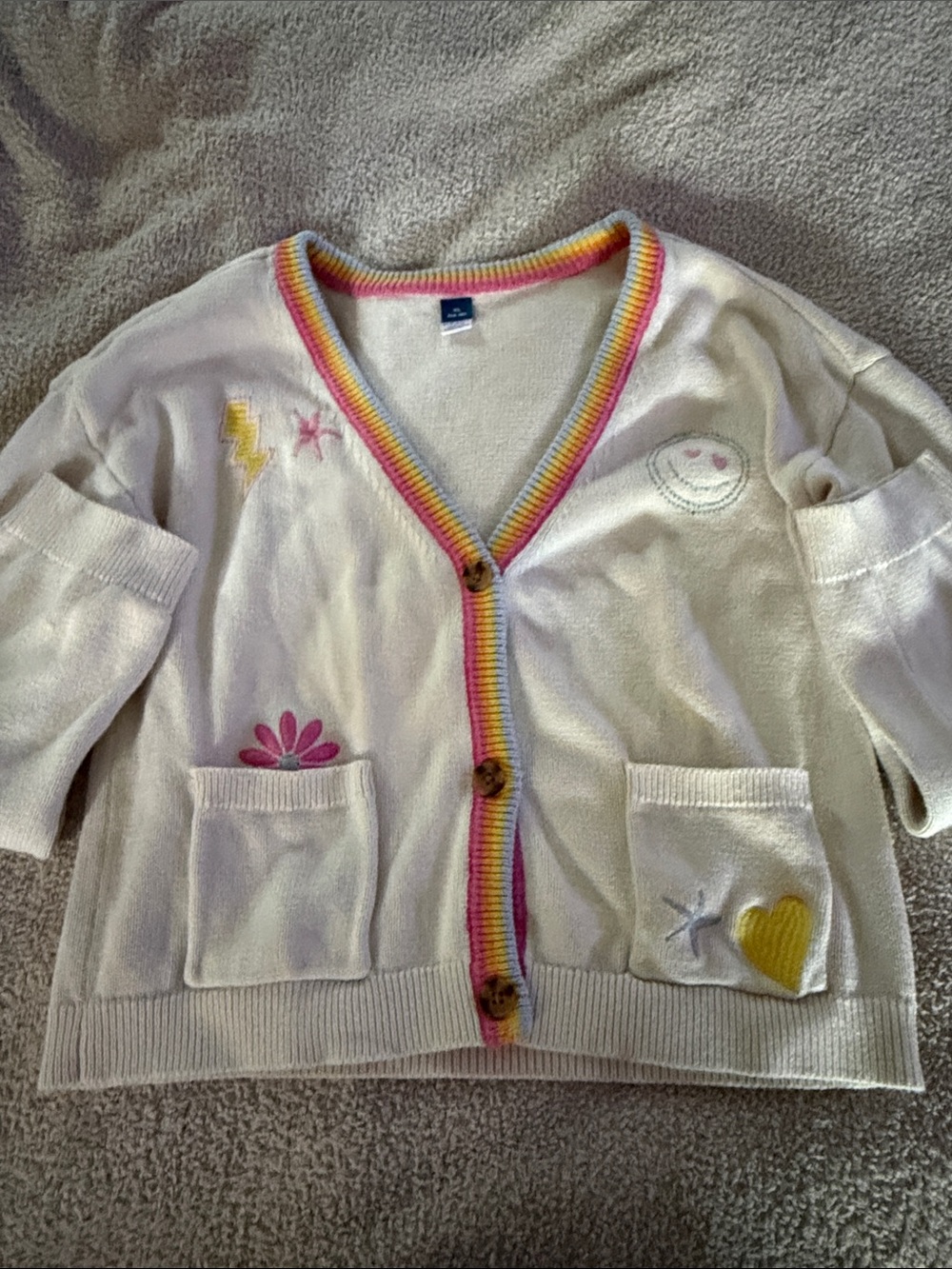 GAP Cream Cardigan with Rainbow Trim and Colorful Embroidered Accents